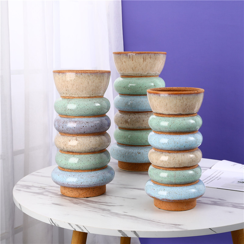 Vazo lulesh dhe vazo 3 qeramike me xham të punuar me dorë në formë unike në stil shumëngjyrësh